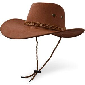 Unisex Brown Faux Wide Brim with Braided Band Chin Strap Classic Cowboy Felt Hat
